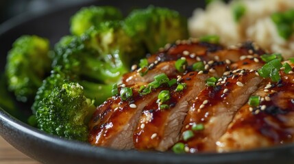 Wall Mural - Close up of a detailed plate featuring chicken teriyaki and vibrant broccoli