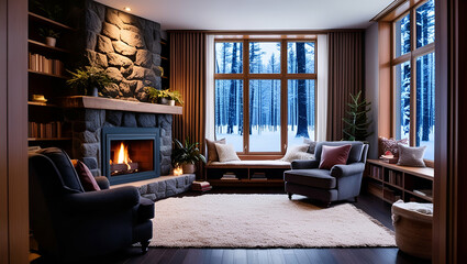 Wall Mural - Cozy Living Room with Fireplace and Window