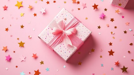 Gift box surrounded by star shaped confetti on a pink tabletop A flat lay arrangement perfect for celebrations like birthdays Mother s Day or weddings