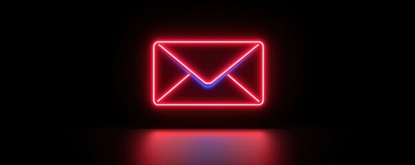 Neon envelope icon, glowing in red and blue, black background.