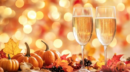 Wall Mural - Two champagne glasses are placed on a table adorned with autumn leaves and mini pumpkins set against a backdrop of bokeh lights with ample copy space