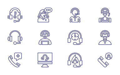 Call center icon set. Line style. Editable stroke. telephonist, headphones, call center, support, customer service, customer service agent, customer question, flood