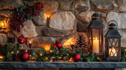 Wall Mural - Christmas lanterns candles and ornaments set against a textured stone wall backdrop