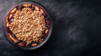 Cranberry and apple crumble in a glass baking dish topped with almond flakes against a dark stone background Top view