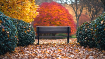 Wall Mural - A bench surrounded by colorful autumn foliage with a softly blurred backdrop of artistically shaped bushes