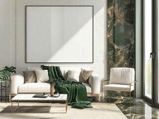 Modern living room interior with a large white canvas mockup on the wall The room features a white sofa. a coffee table with a marble top. and two chairs The walls are white and the floor is covered i