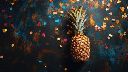 Wall Mural - Tropical gold pineapple with confetti arranged in a flat lay on a dark backdrop