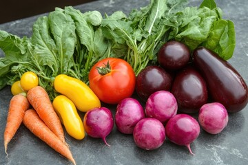 Sticker - Fresh organic vegetables sitting on a gray countertop