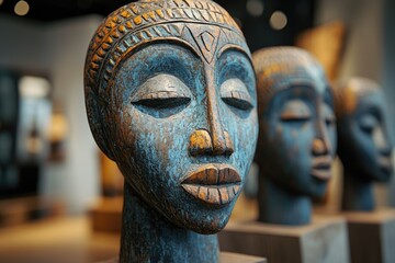 wooden african busts showing tribal art in museum or gallery