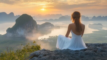 Poster - Woman in a white dress sits on a cliff overlooking a misty valley at sunrise.