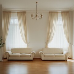 A bright and airy living room featuring two cream sofas, large windows with sheer curtains, and a classic chandelier.