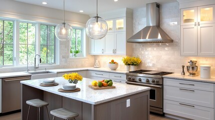 Modern kitchen interior with stylish design, featuring white cabinets, marble countertops, and bright natural lighting, ideal for home cooking.