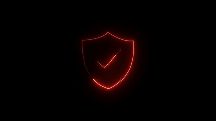 Neon shield tick mark. check mark icon  on black background