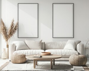 Minimalist living room interior with a white couch. two blank frames. a coffee table and natural elements