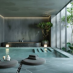 Wall Mural - A large, modern swimming pool with a dark grey wall and a green plant in the corner. The pool is surrounded by a few small round pillows, and there is a potted plant in the corner