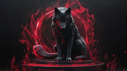 Poster - Black wolf with red eyes sitting on a platform surrounded by a ring of fire.