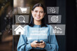 © peopleimages.com - Icon, business and phone with affiliate marketing icons for social media, products promotion and networking. Overlay, woman and mobile with ecommerce, online research and investment growth for system