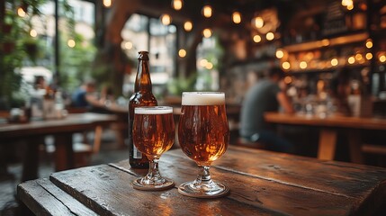 Golden beer and frosty glass setup on cozy wooden table