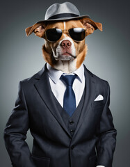 Portrait of a dog in suit with hat and  sunglasses as businessman. 