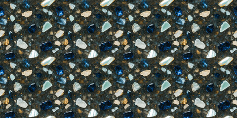 Wall Mural - A terrazzo surface with sapphire blue, aquamarine, and pearly white fragments on a smoky blue background