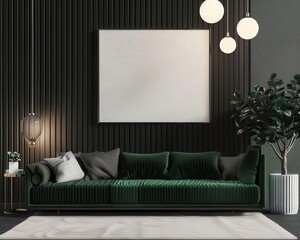 Modern living room with green velvet sofa. a white square frame mockup. and green plant in a pot on the right The wall is dark brown wood paneling with vertical lines There are 3 round pendant lights