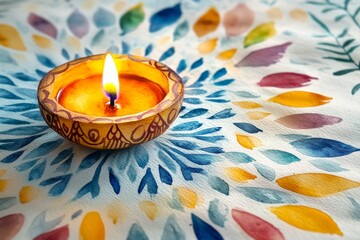 Wall Mural - A candle is lit in a small bowl on a table with a colorful background. The candle's light casts a warm glow on the table, creating a cozy and inviting atmosphere