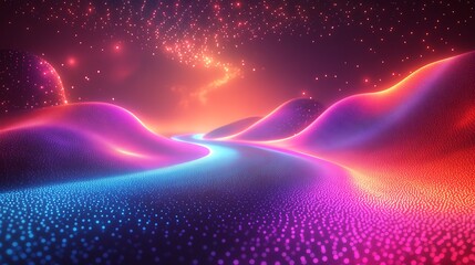 Wall Mural - Abstract glowing landscape with a winding river and a starry sky in vibrant pink, blue, and orange colors.
