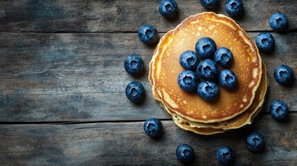 Canvas Print - Tasty pancakes topped with fresh blueberries on a rustic wooden surface A healthy breakfast idea featuring ample negative space