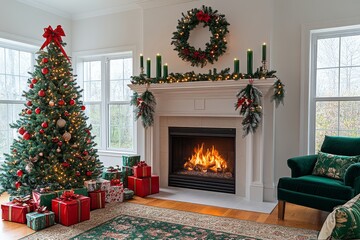 Wall Mural - Festively decorated living room with a Christmas tree and fireplace, featuring a white wall background and a vibrant color theme of green, red, and gold.