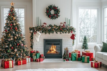 Wall Mural - Festively decorated living room with a Christmas tree and fireplace, featuring a white wall background and a vibrant color theme of green, red, and gold.