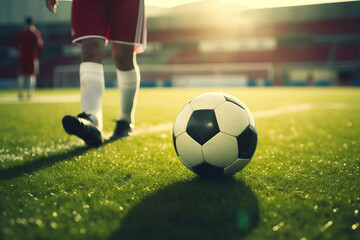 Wall Mural - Sporty Legs of Athlete with Soccer Ball on Green Grass