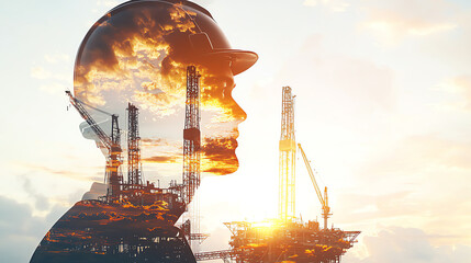 Man wearing a helmet blended with an oil rig and cranes in a double exposure style