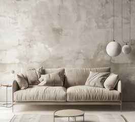 A modern living room with a beige sofa. two round coffee tables. a rug. a lamp and a textured concrete wall with two round pendant lights