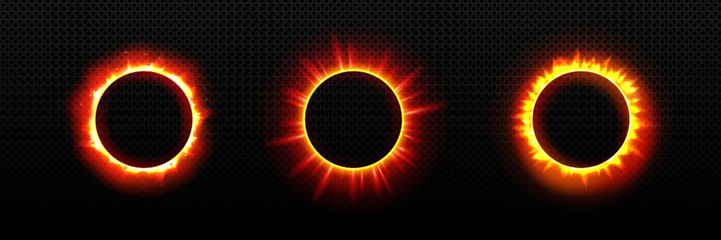 Wall Mural - luminous solar eclipse variations with moon covering sun creating different orange and red neon and 