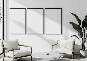 Three blank poster frames hanging on a white wall in a minimalist living room with two chairs. a coffee table. and a large plant