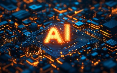Poster - Futuristic AI Technology Concept with Digital Circuitry and Glowing Letters : Generative AI
