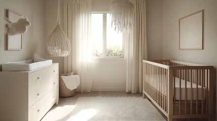 Wall Mural - Minimalist Nursery Room Decor with Crib and Natural Light in Soft Hues : Generative AI