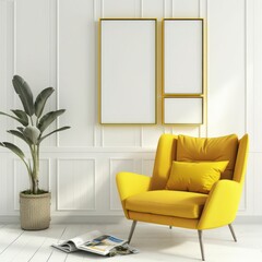 A yellow armchair with a pillow sits in a white room with a potted plant. a magazine. and two empty picture frames with gold frames