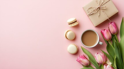 Morning coffee macarons a gift box and spring tulips on a pink backdrop A lovely breakfast arrangement for special occasions Flat lay composition