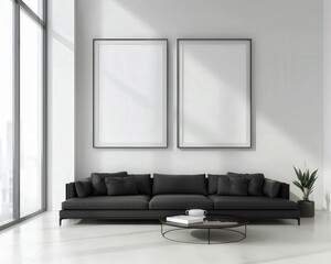 A modern living room with a black leather sofa. a coffee table with books. and two empty picture frames on a white wall. with natural light coming through the window