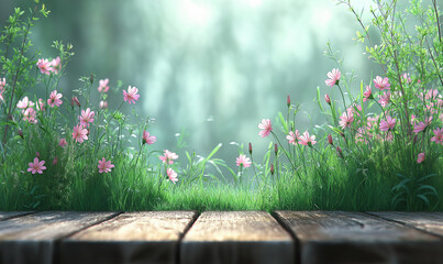 Wall Mural - spring background with a wooden table top and a blurred green grass meadow, a blooming apple tree fl