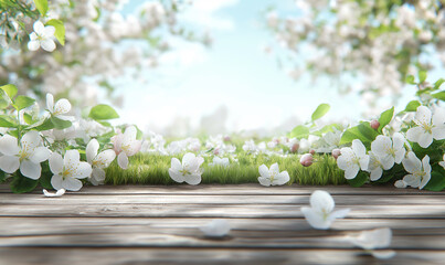 Wall Mural - spring background with a wooden table top and a blurred green grass meadow, a blooming apple tree fl