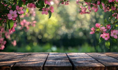 Wall Mural - Spring background with a wooden table top and a blurred green grass meadow, a blooming apple tree flower border frame, a banner for product display presentation template, a springtime nature concept