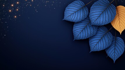 Wall Mural - blue leaf with a yellow stem is on a dark blue background. the leaf is surrounded by a starry sky