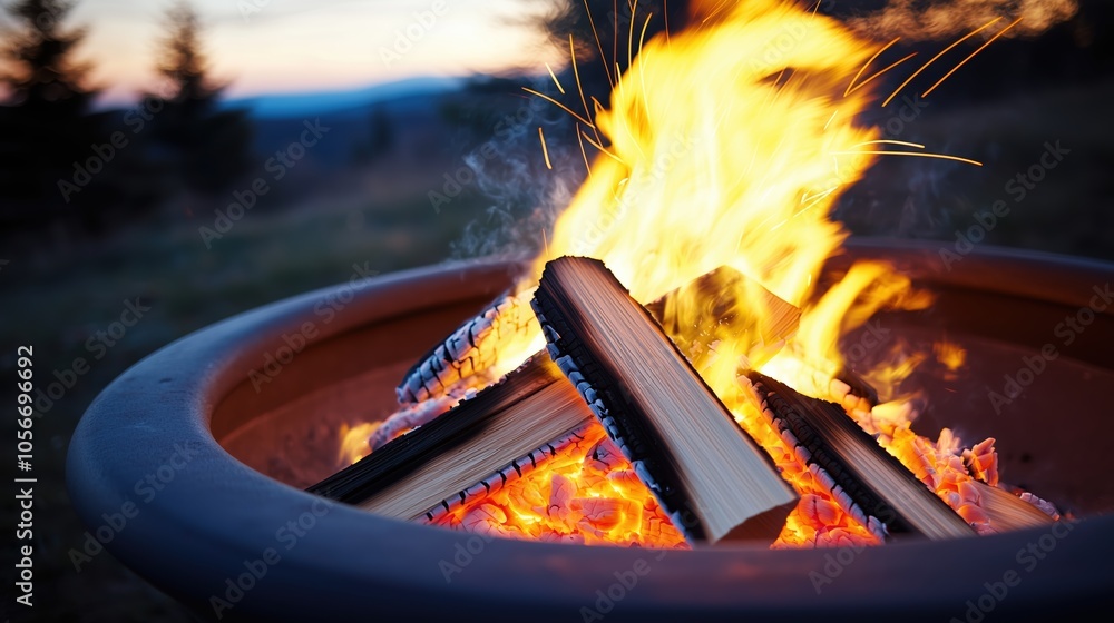 Fire is burning in a fire pit, with a pile of wood next to it. The fire ...