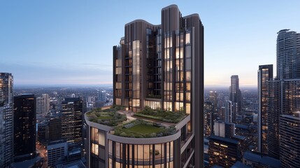 Wall Mural - Tall building with a green roof and a city skyline in the background. The building is lit up at night, giving it a modern and sophisticated appearance