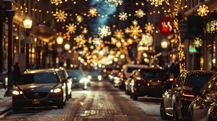 Wall Mural - Christmas lights intertwined with a bustling street.