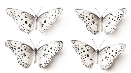 Wall Mural - four elegant white butterflies with black spots and streaks in various poses fluttering set against 