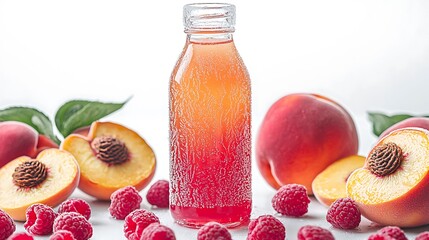 Wall Mural - Refreshing Peach and Raspberry Juice in Glass Bottle