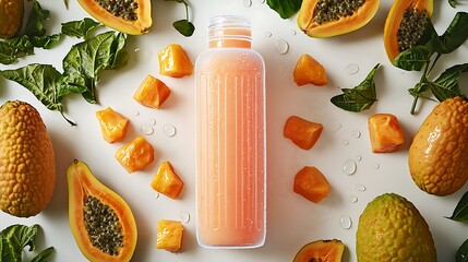 Wall Mural - Fresh Papaya Juice with Sliced Papaya and Green Leaves